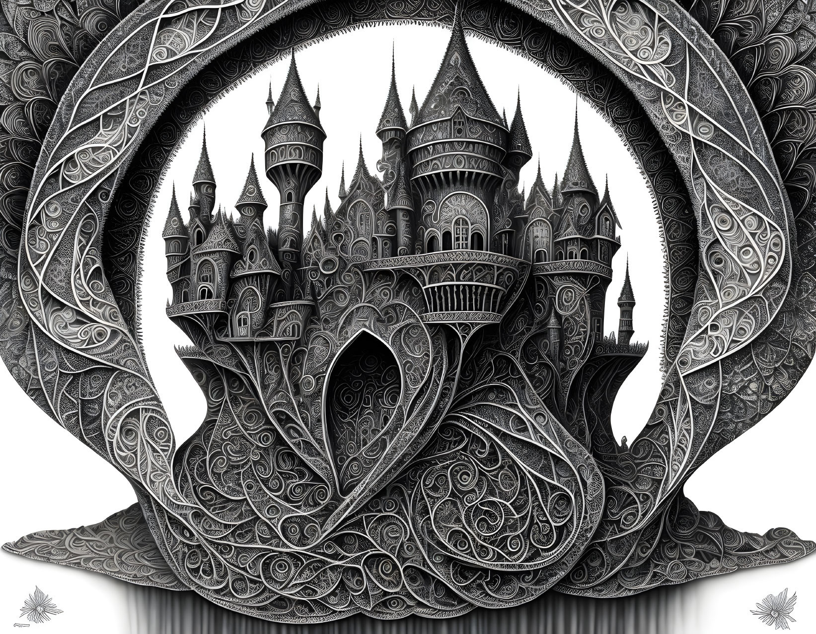 Detailed Monochrome Castle Illustration in Circular Frame