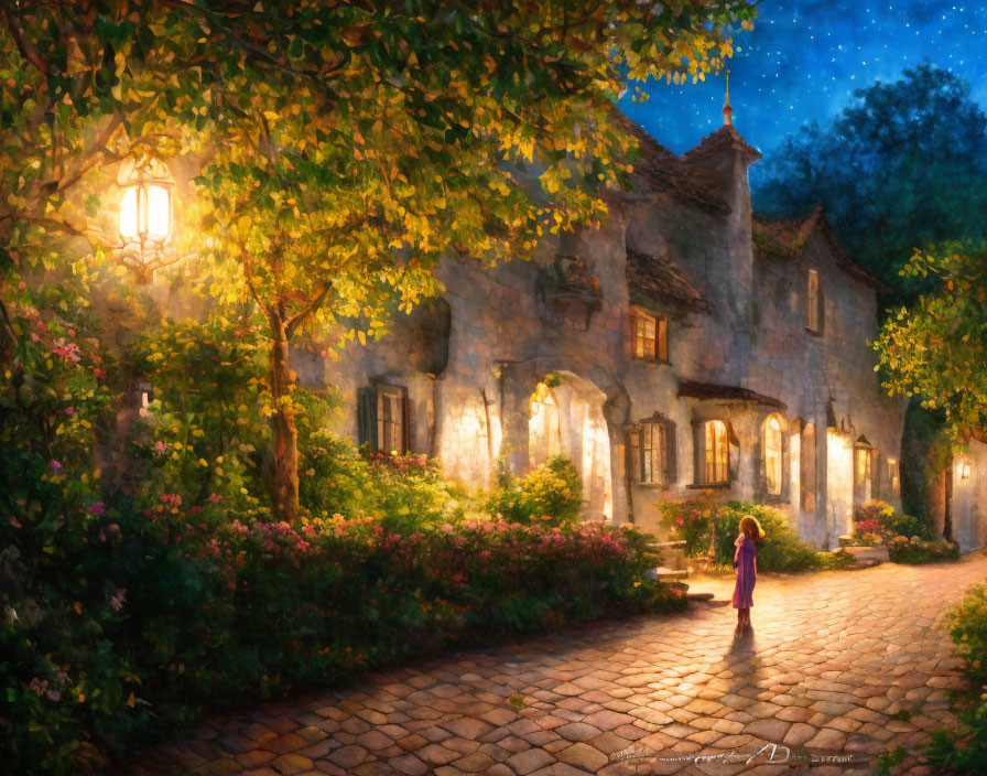 Child on cobblestone path near glowing stone cottage under starry night sky