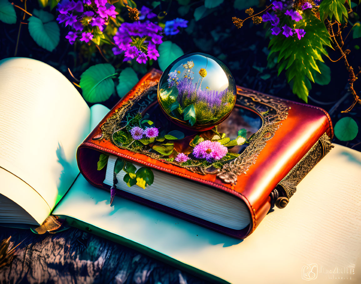 Ornate book with crystal ball and flowers in reflective setting