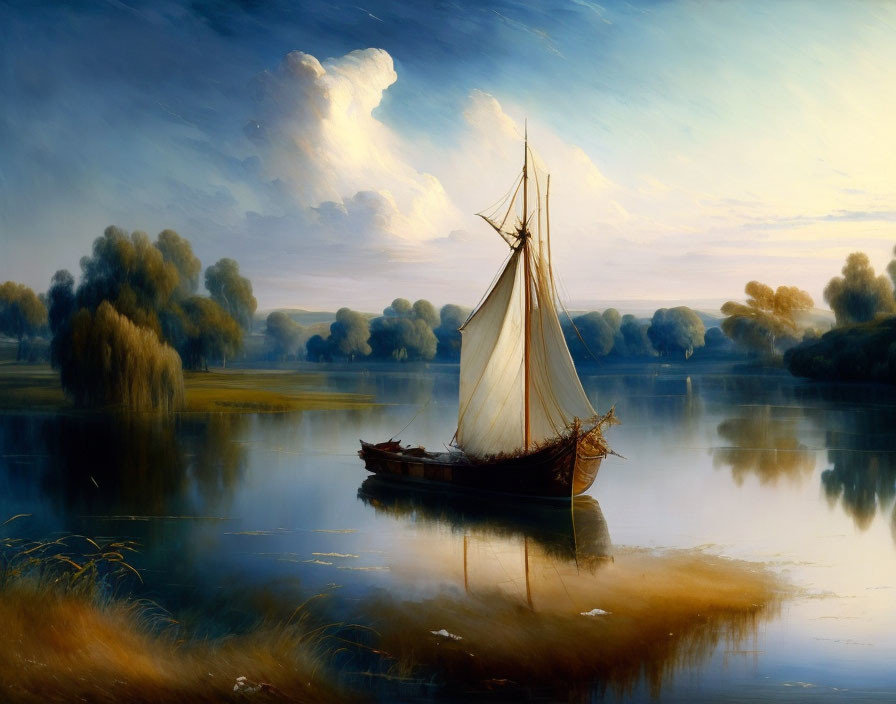 Tranquil sunset sailboat painting on calm lake