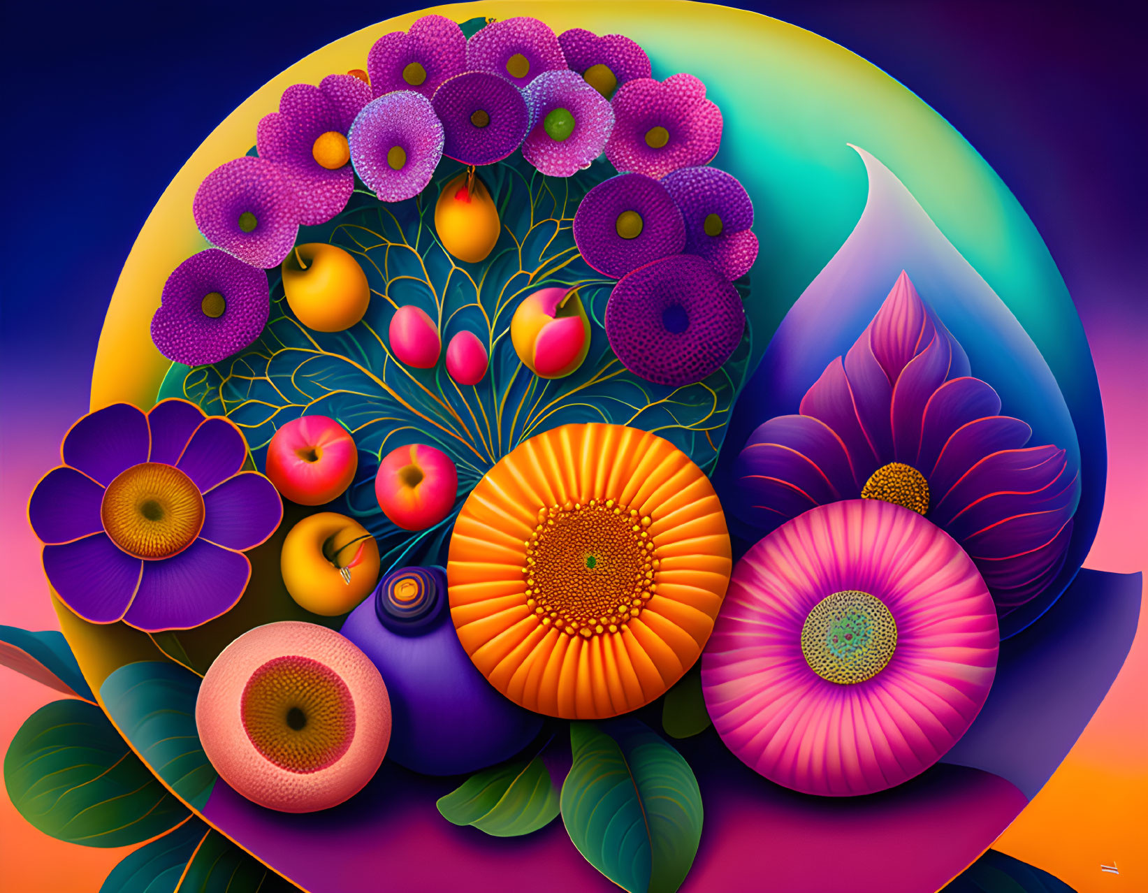 Colorful surreal artwork: Flowers, fruits, geometric shapes on gradient with mountain.