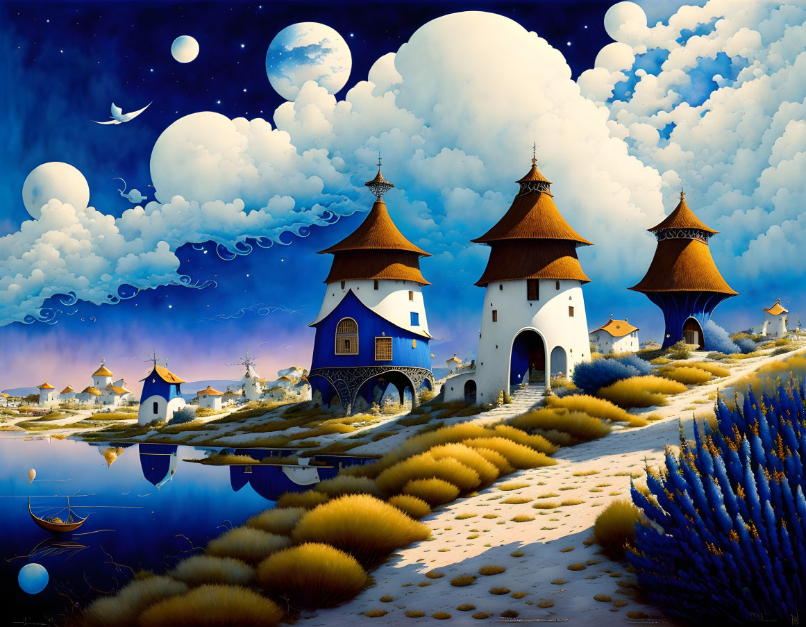 Surrealist landscape with whimsical castles, reflective lake, moons, and vibrant flora