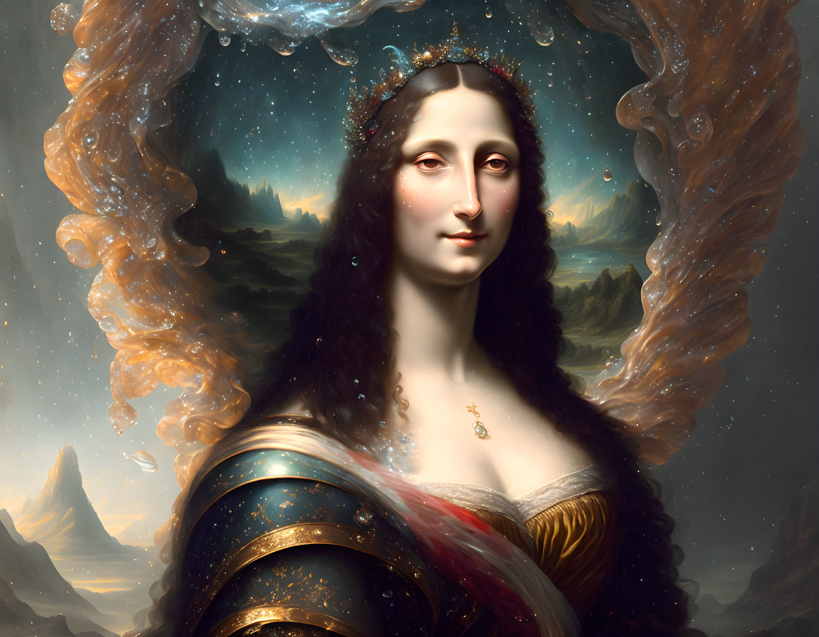 Surreal portrait blending Mona Lisa with cosmic elements and armor