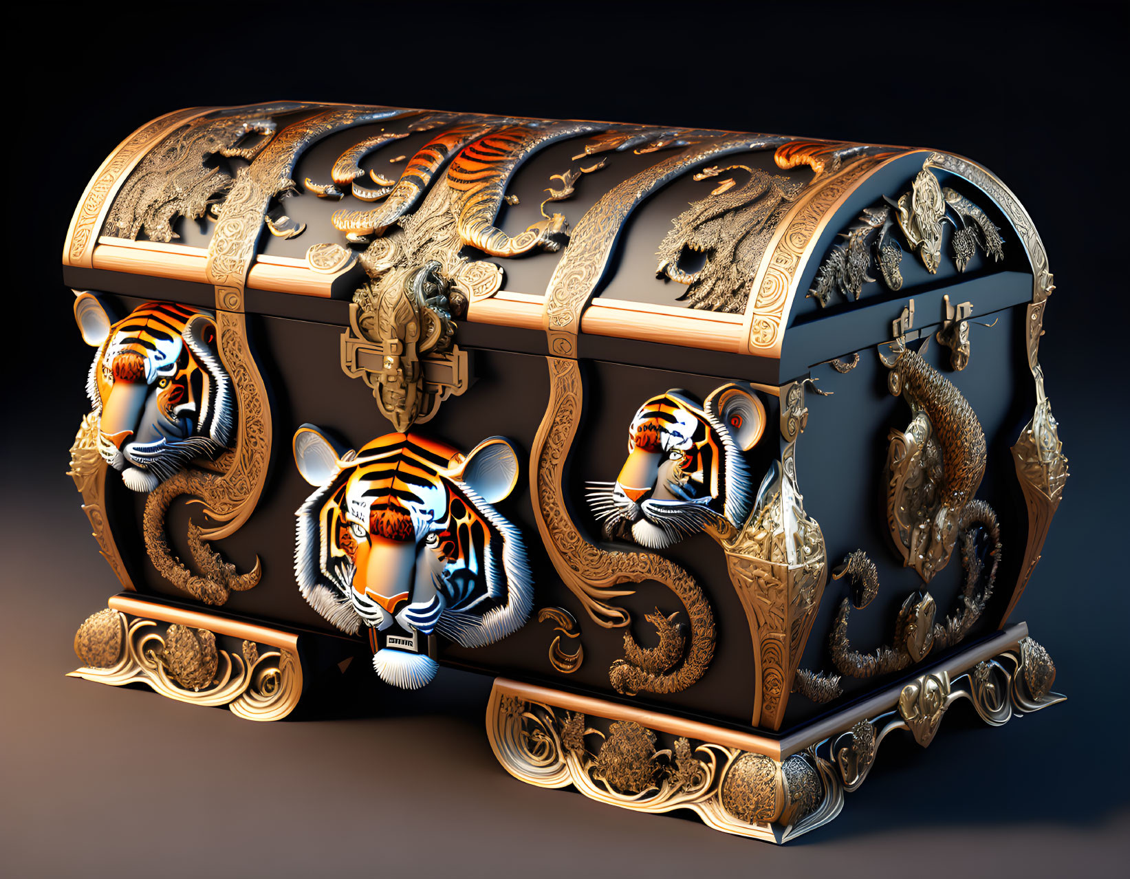 Carved Chest with Tiger and Dragon Motifs in Golden Details