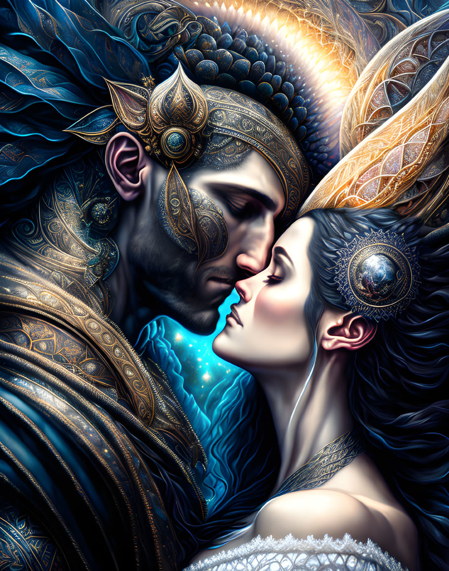 Elaborately Adorned Couple Embracing in Golden Headpieces on Blue Background