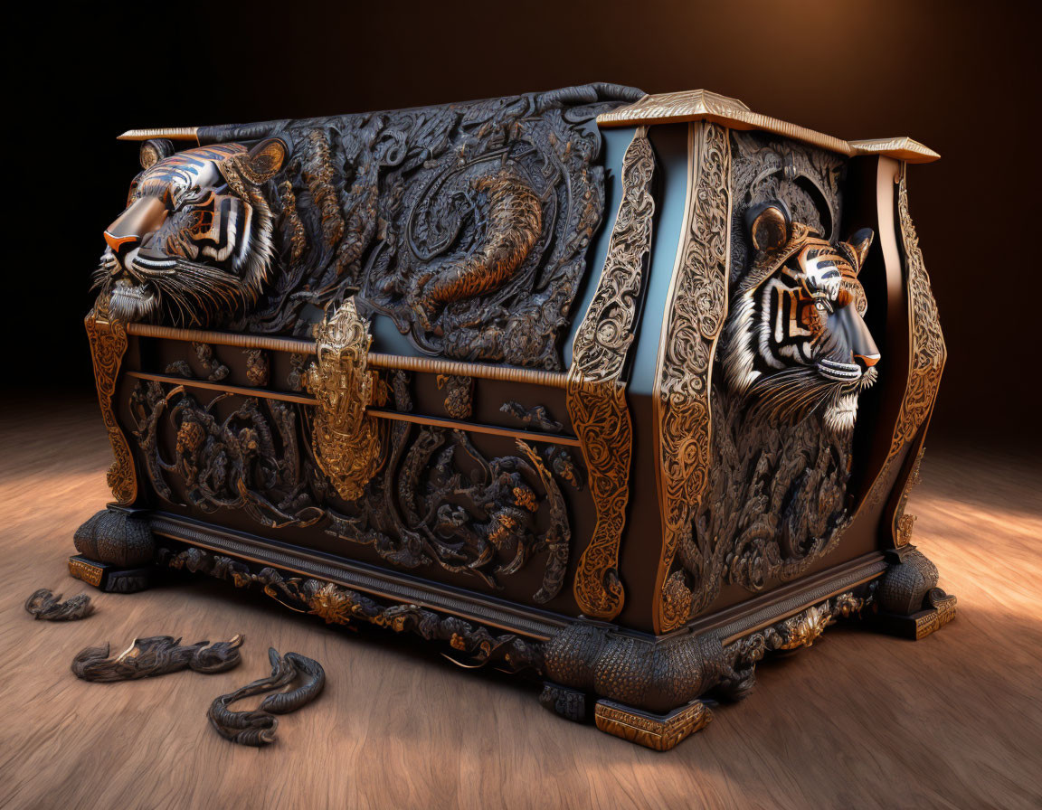 Tiger-themed ornate chest with intricate carvings and swirling background