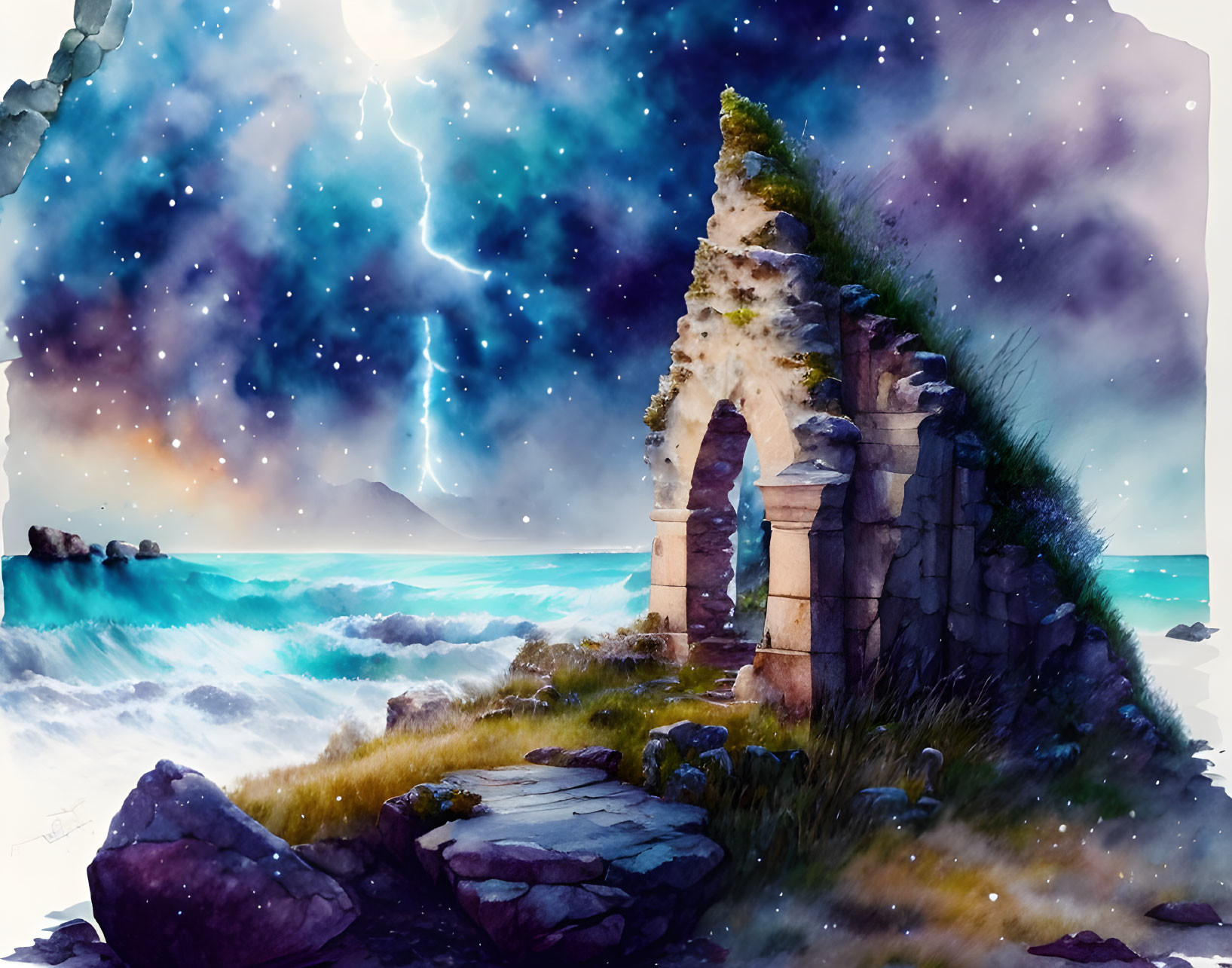 Surreal landscape with stormy sea, ruins, cosmic sky, stars, and nebula