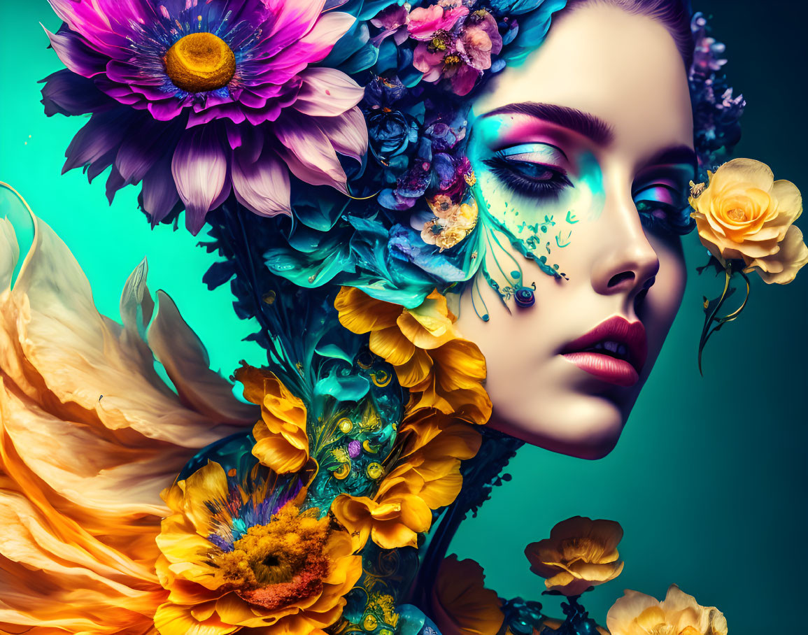 Colorful Woman with Floral Hair and Dramatic Makeup