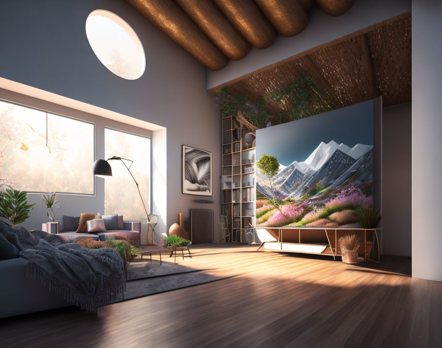 Spacious modern bedroom with nature-themed mural and cozy decor