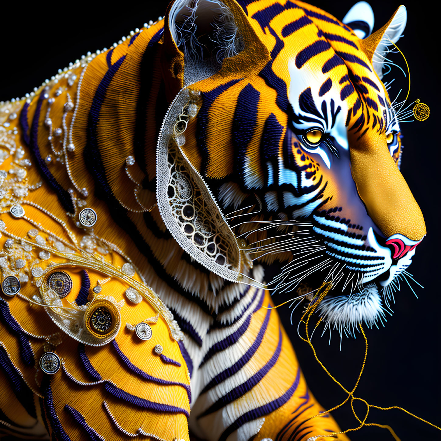 Digitally Enhanced Tiger with Ornate Golden Jewelry and Intricate Patterns