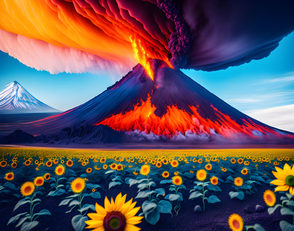 Erupting volcano, sunflower field, mountain, colorful sky