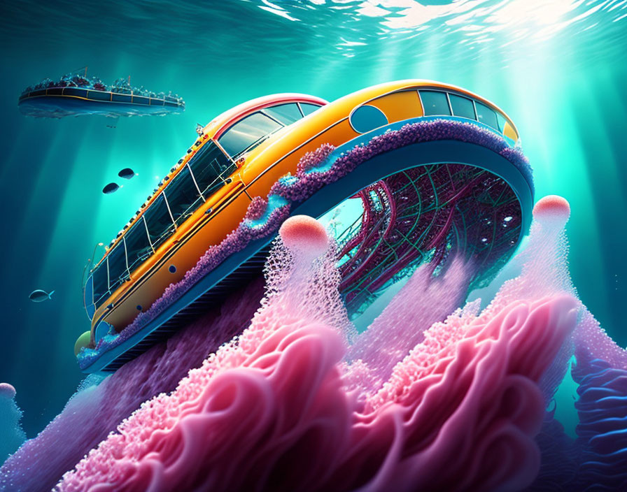 Vibrant bus-like structure in colorful underwater coral reef scene