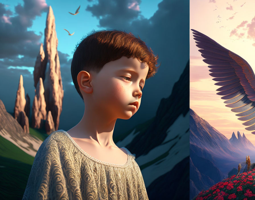 Digital artwork: Young boy in profile against mountains, eagle, and sunset.