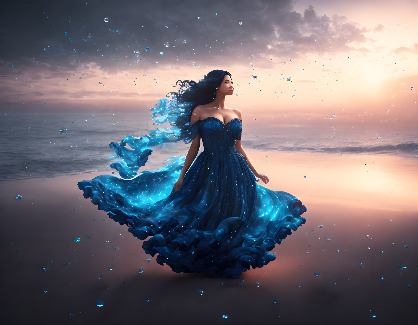 Woman in Blue Water Dress on Beach at Sunset