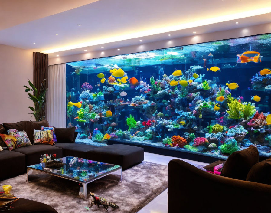 Colorful Fish and Coral in Large Wall Aquarium in Modern Living Room