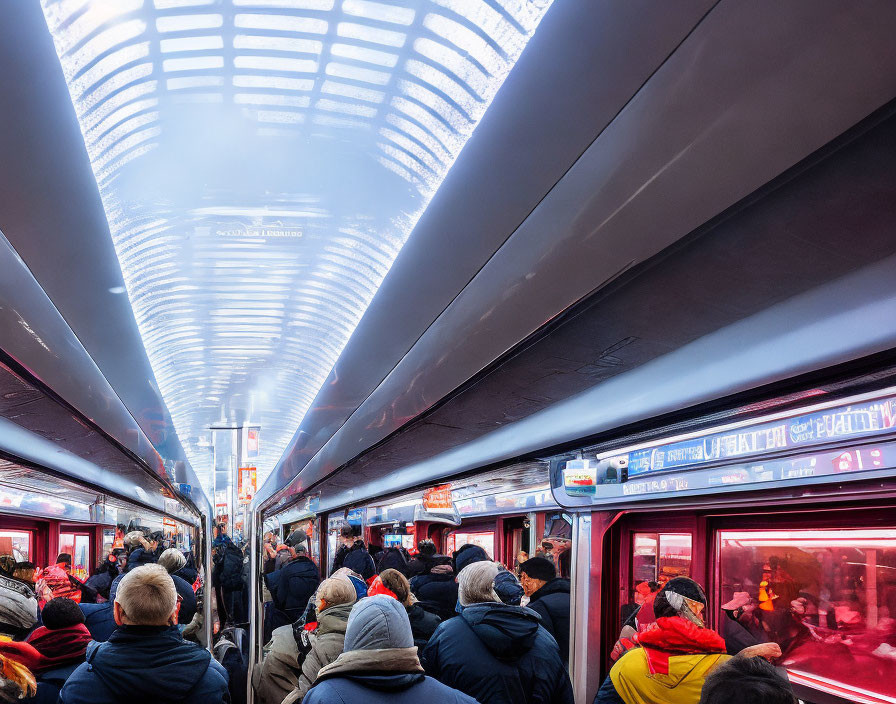 Busy subway platform with red train and arched ceiling.