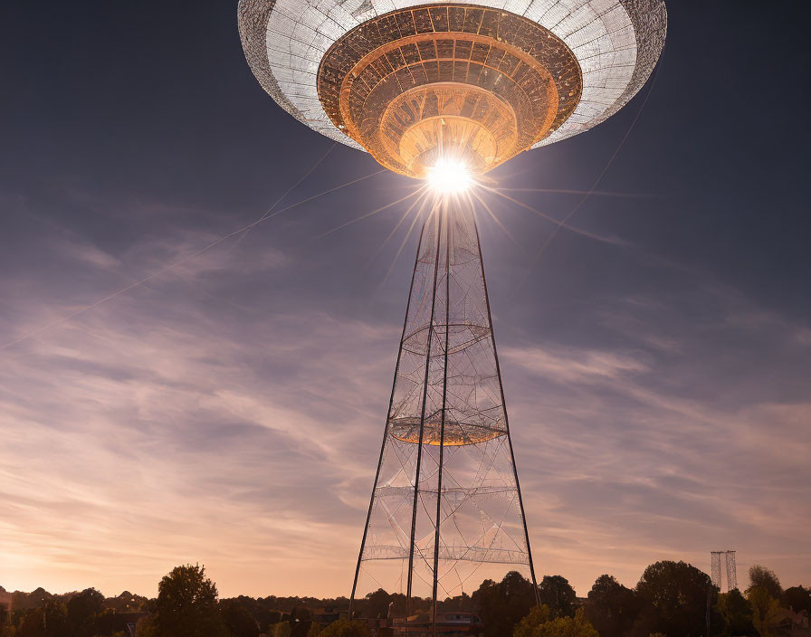 Sunset view of large radio telescope with sun aligned at dish's center