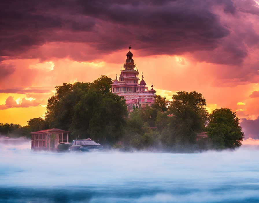 Historic building with tiered roof in purple twilight sky over misty water