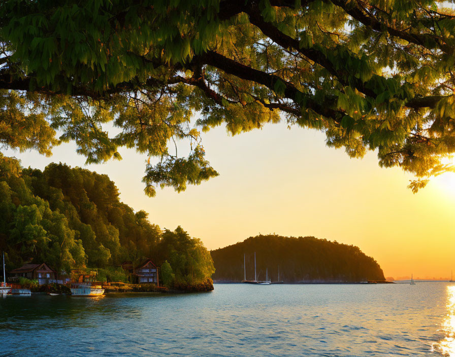 Tranquil lake sunset with boats, houses, trees, and hills