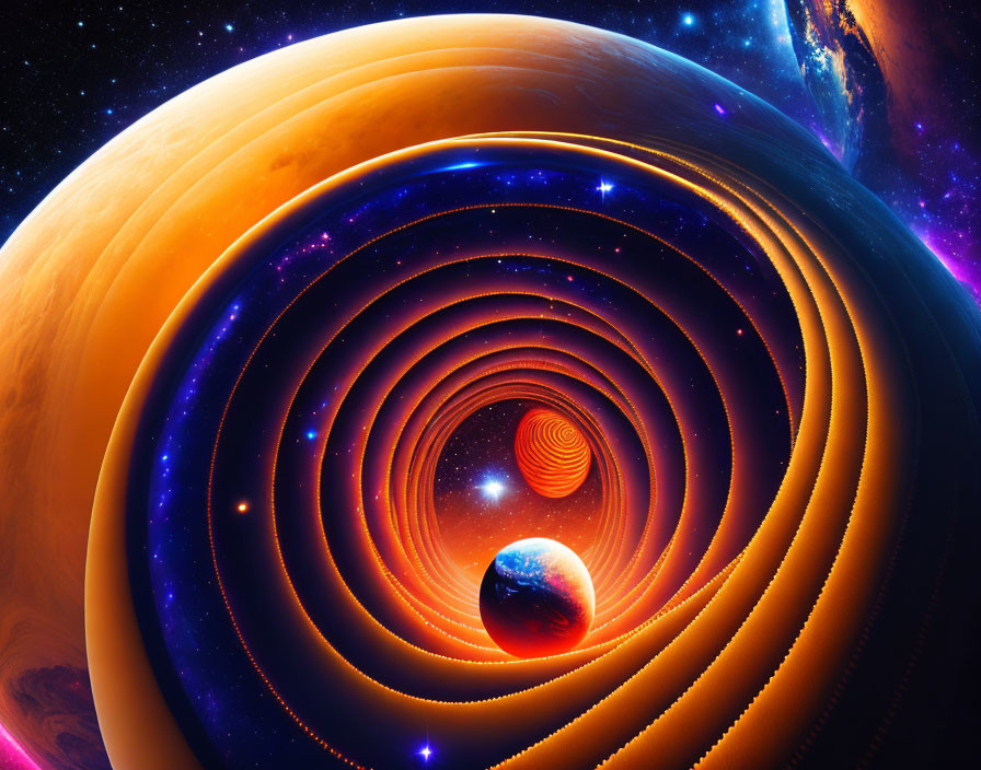 Colorful digital artwork: surreal cosmic scene with concentric circles and planets