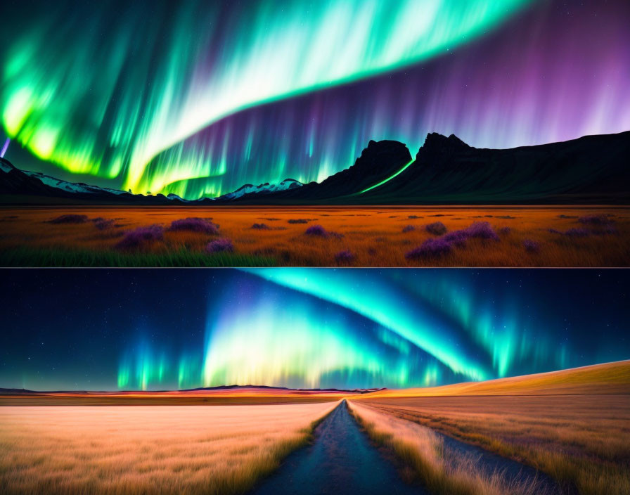 Majestic aurora borealis over mountain range and starry sky