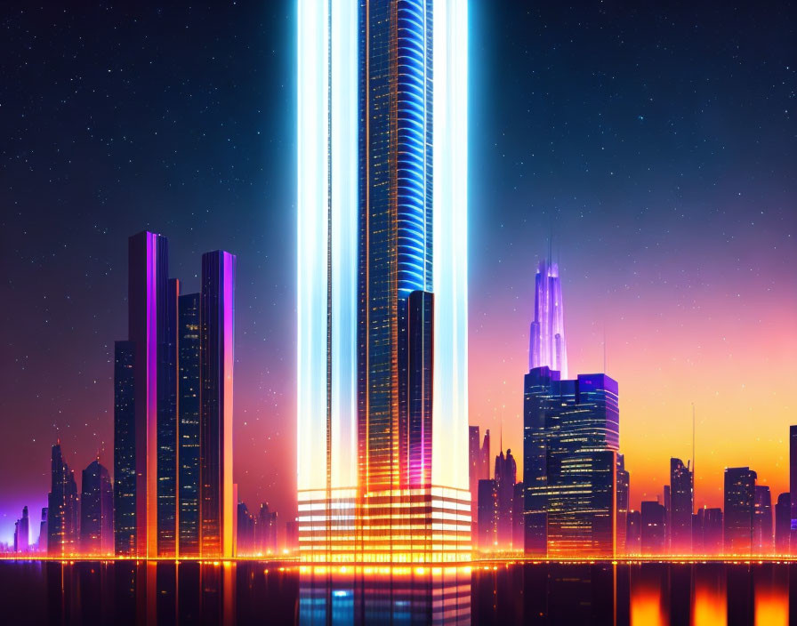 Futuristic cityscape at dusk with neon lights, skyscrapers, and starry sky