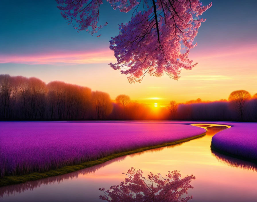 Tranquil sunset scene with purple flowers, river, cherry blossoms, and silhouetted