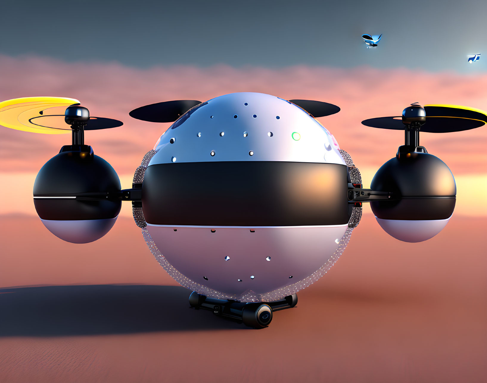 Spherical body drone with horizontal propellers and camera in twilight sky