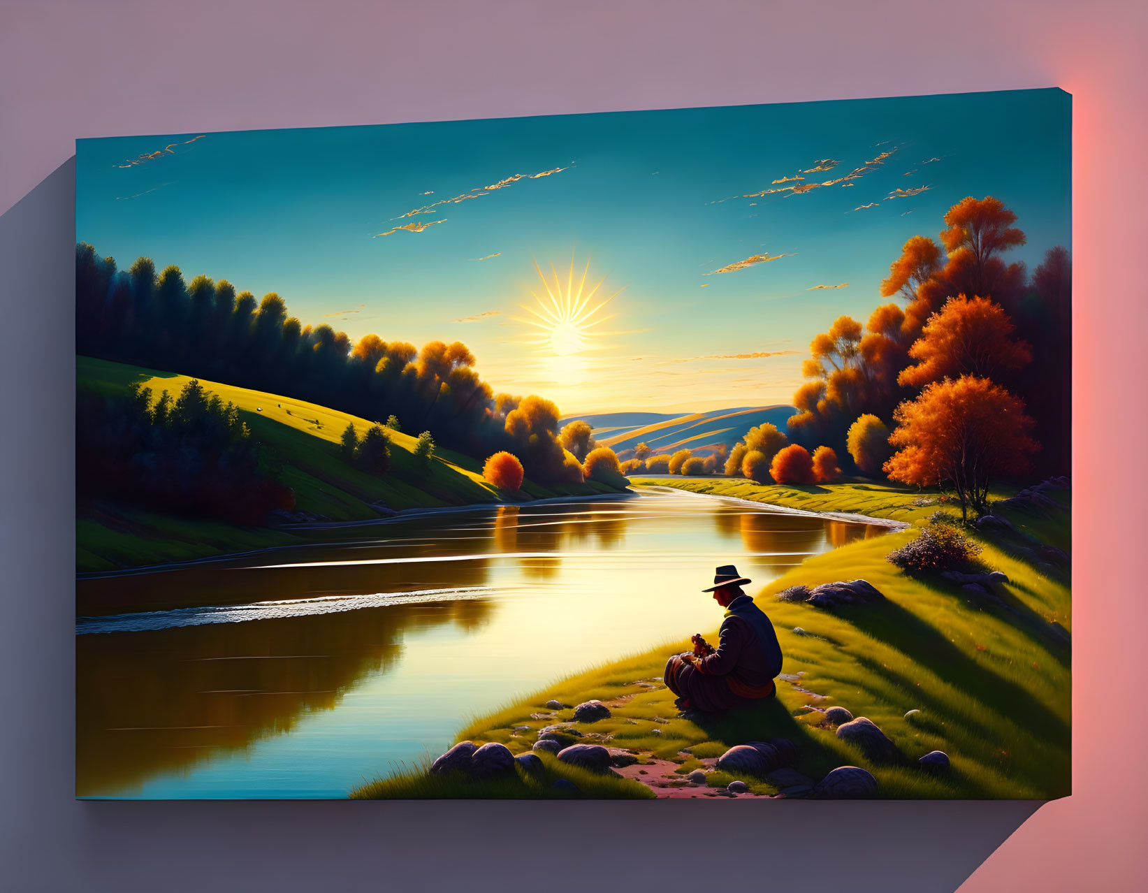 Tranquil landscape painting of person by river at sunset