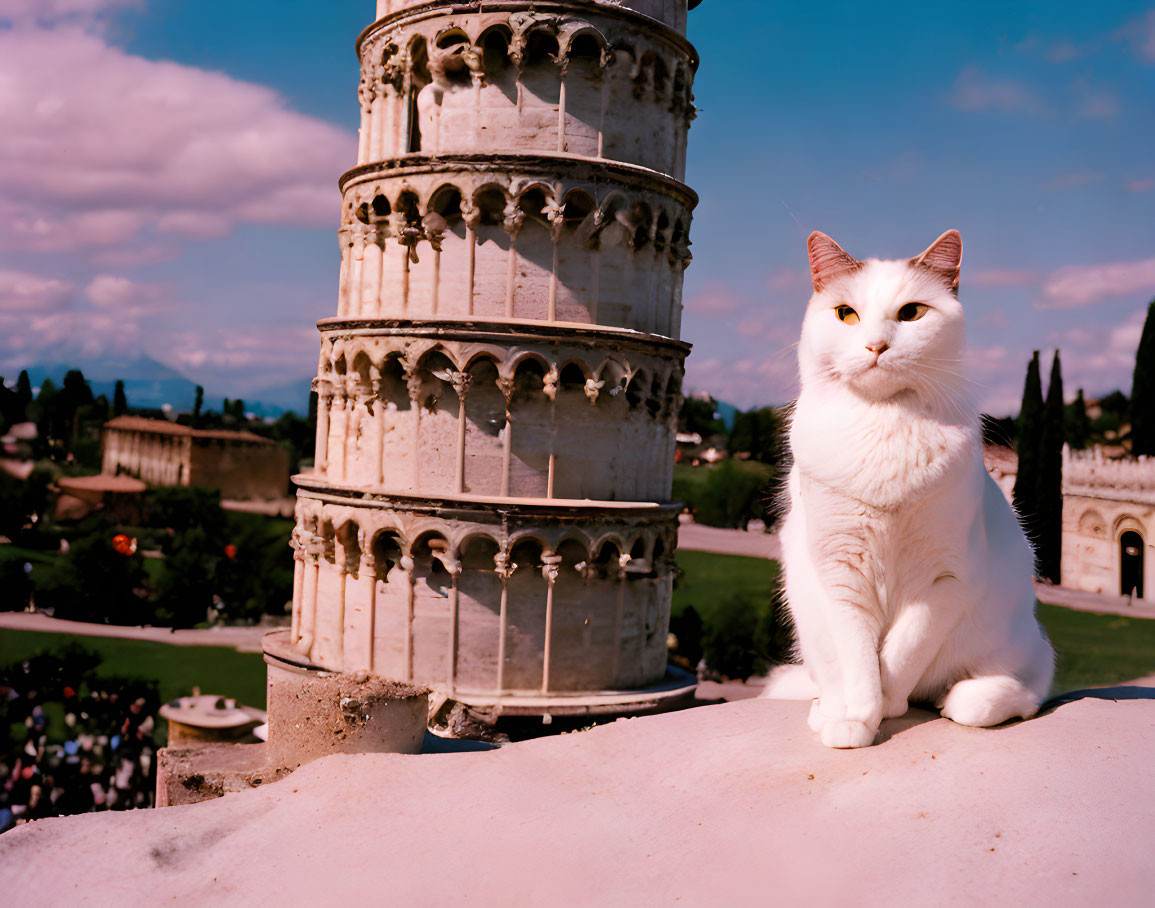 White Cat with Leaning Tower of Pisa Background