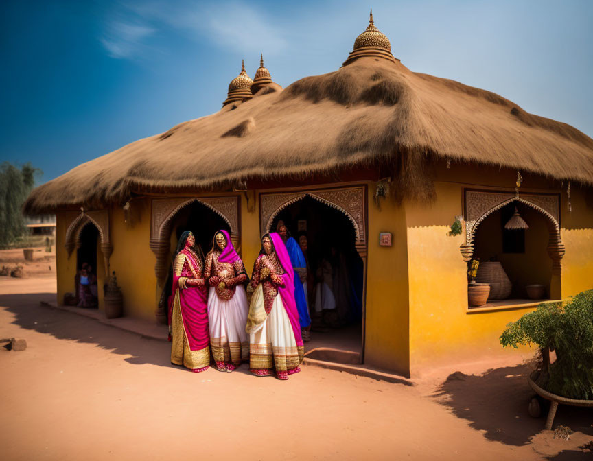 Traditional mud huts with thatched roofs and women in colorful saris under clear blue sky