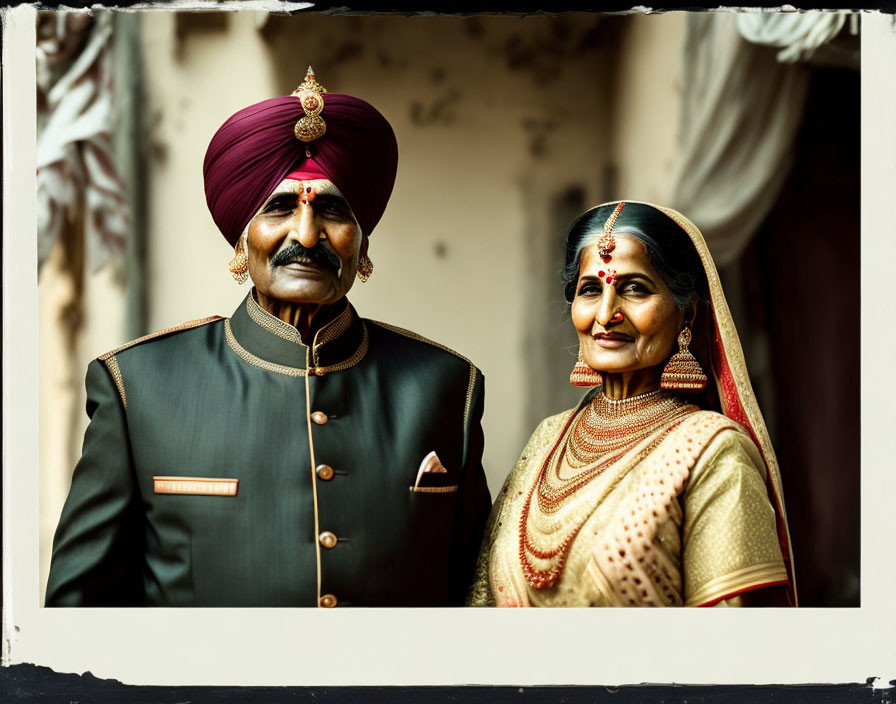 Traditional Indian couple in military uniform and attire.