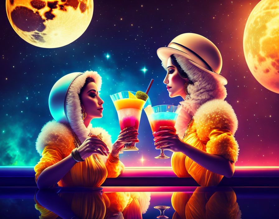 Two women in retro-futuristic attire toast under cosmic sky with oversized planets.