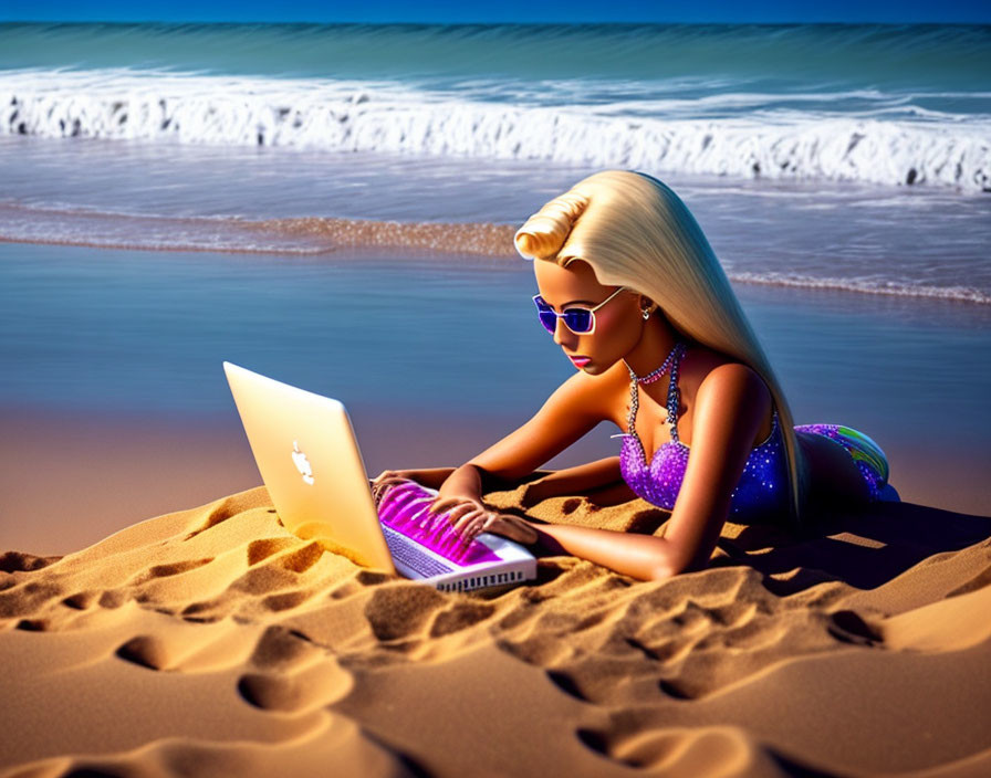 Blonde Woman Working on Laptop at Beach