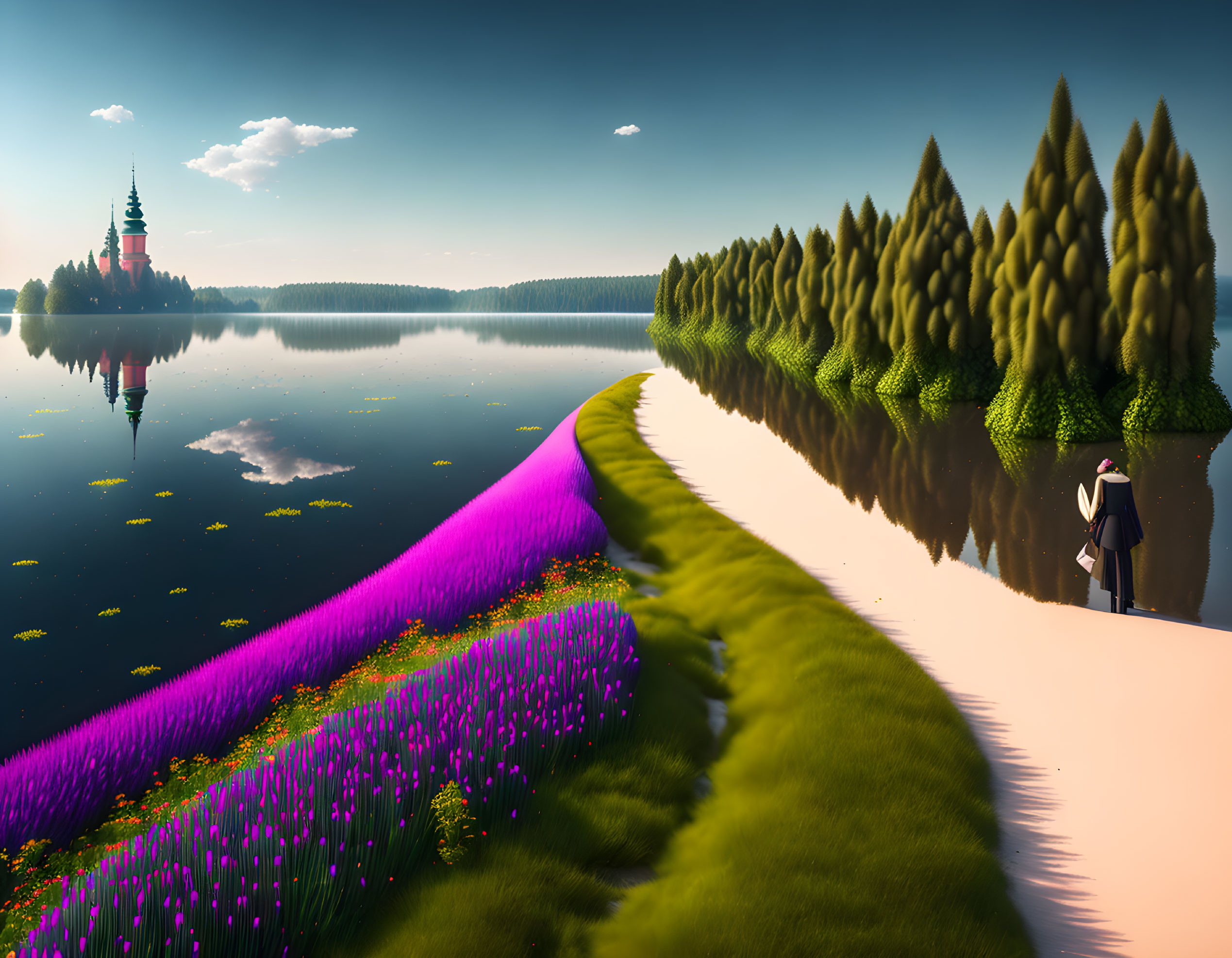 Person on Curving Path by Lake with Purple Flowers and Castle Reflection