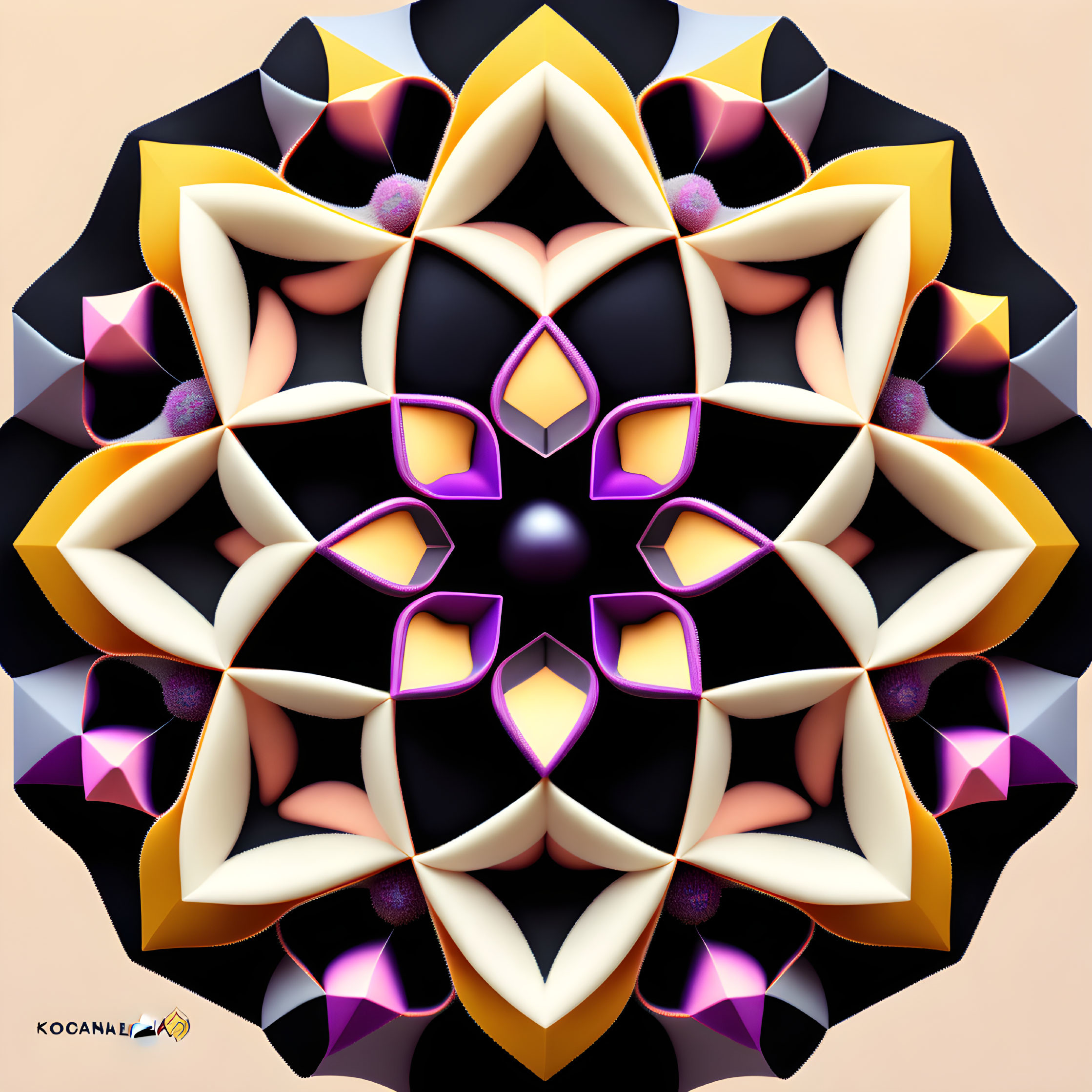 Symmetrical Cream, Gold, Black & Purple Digital Mandala Art