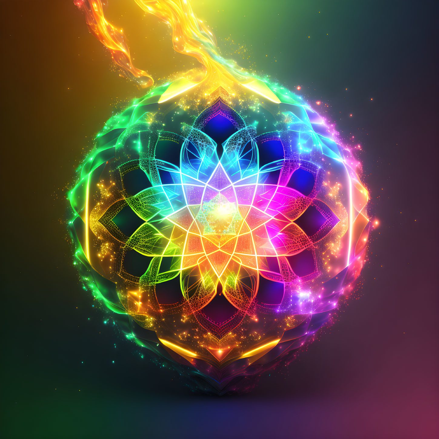 Colorful Fractal Sphere with Flower-Like Patterns on Dark Background