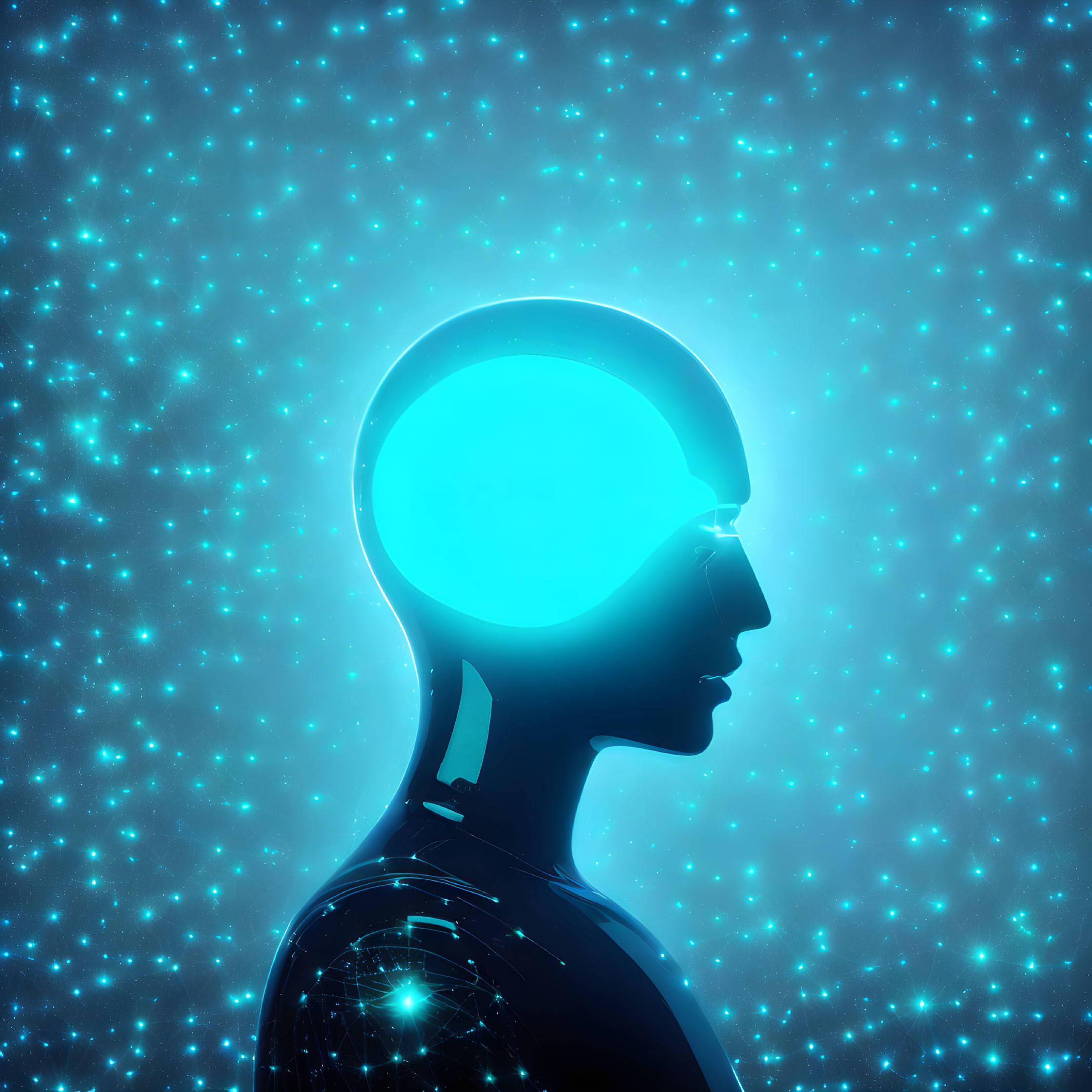 Human head silhouette with glowing brain in cosmic backdrop