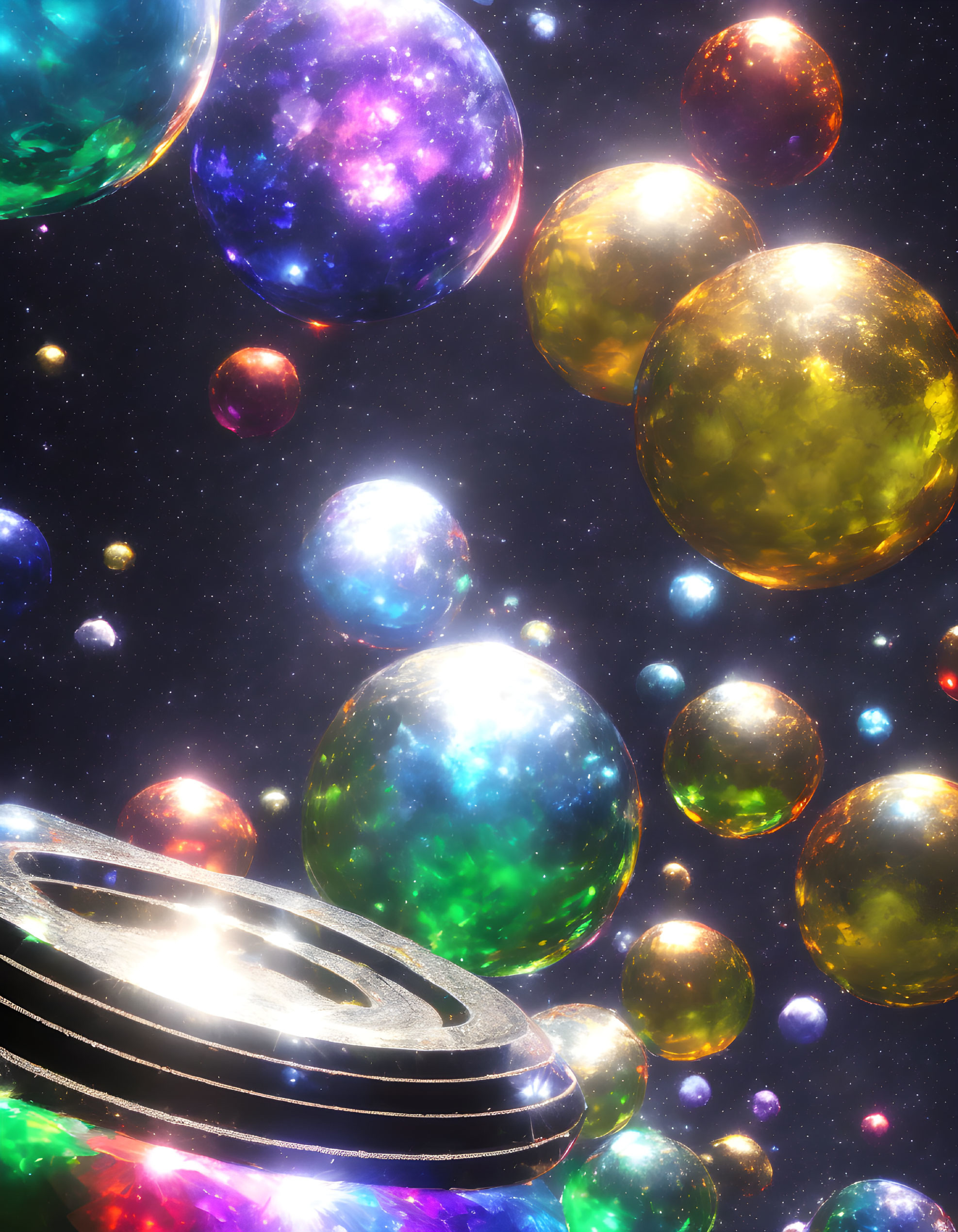 Colorful Glowing Orbs and Spaceship in Vibrant Cosmos