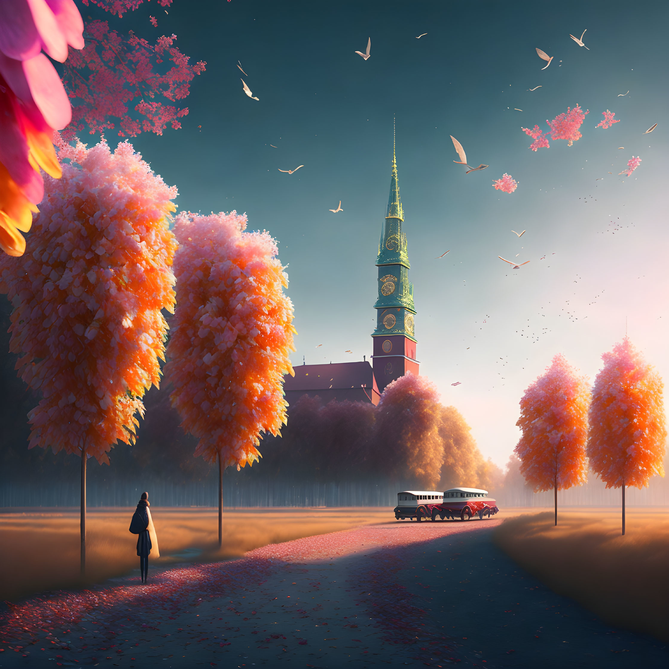 Person walking on path with orange trees, fallen leaves, red tram, clock tower, and pink petals