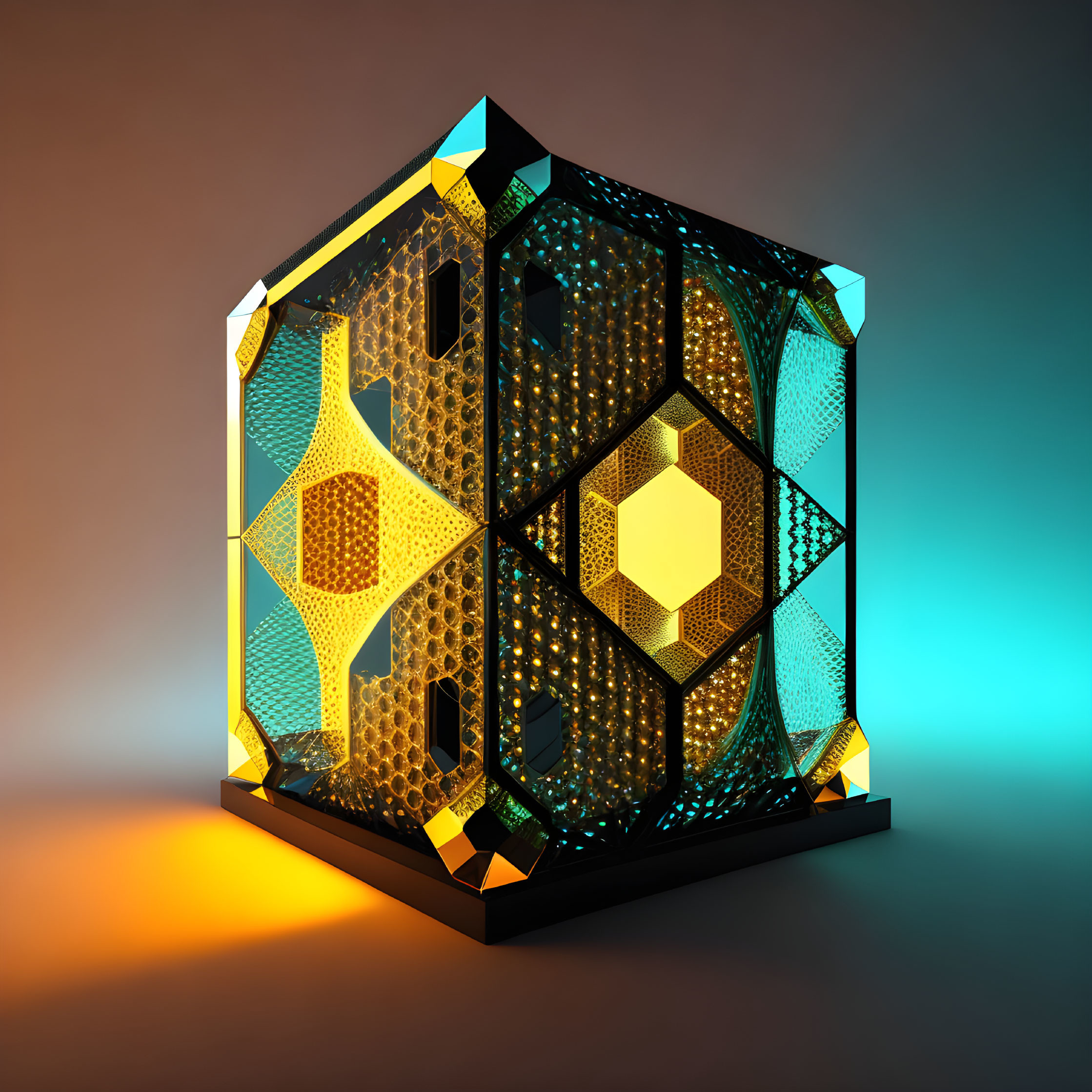 Futuristic luminous cube with geometric patterns and glowing lights