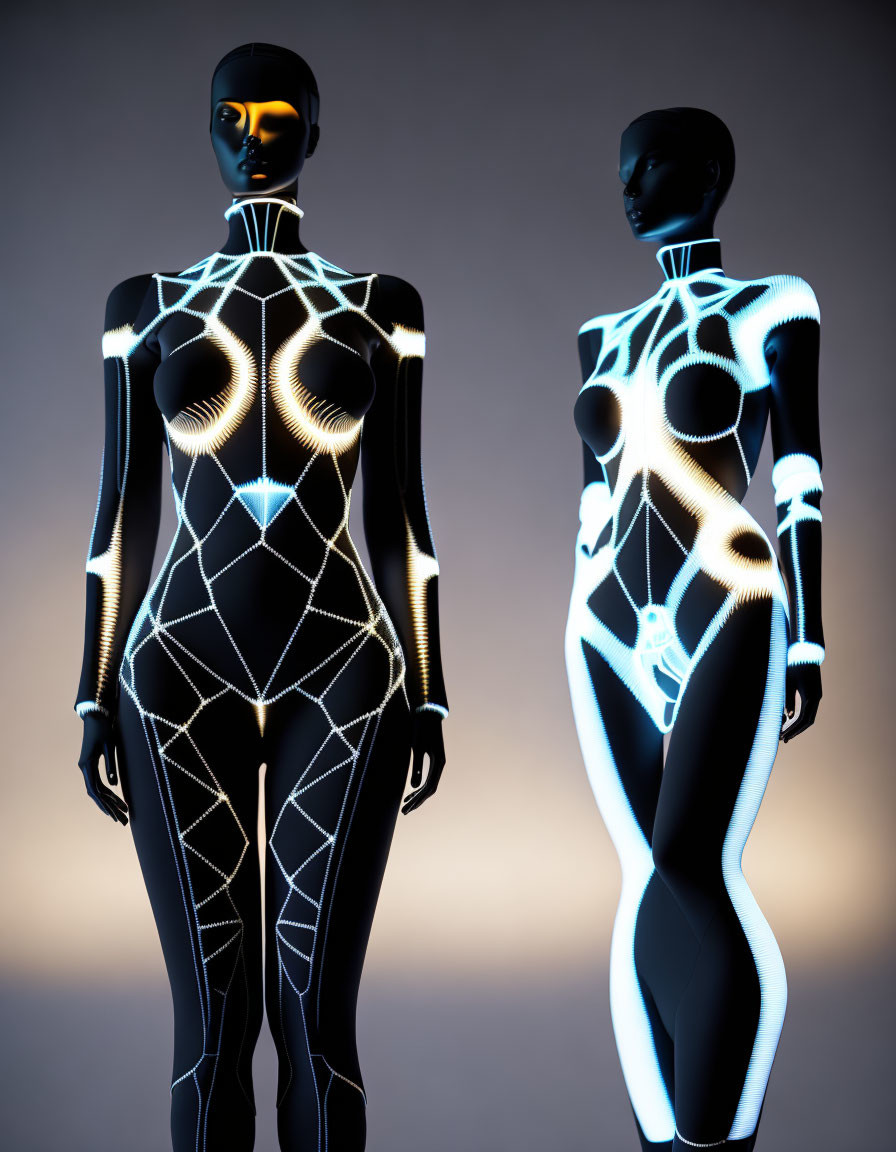 Black Glossy Mannequins with White Illuminated Patterns on Gradient Background