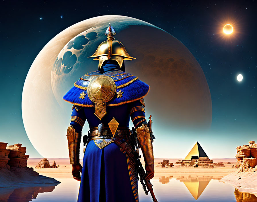 Ancient Egyptian warrior in armor with pyramids and moon.