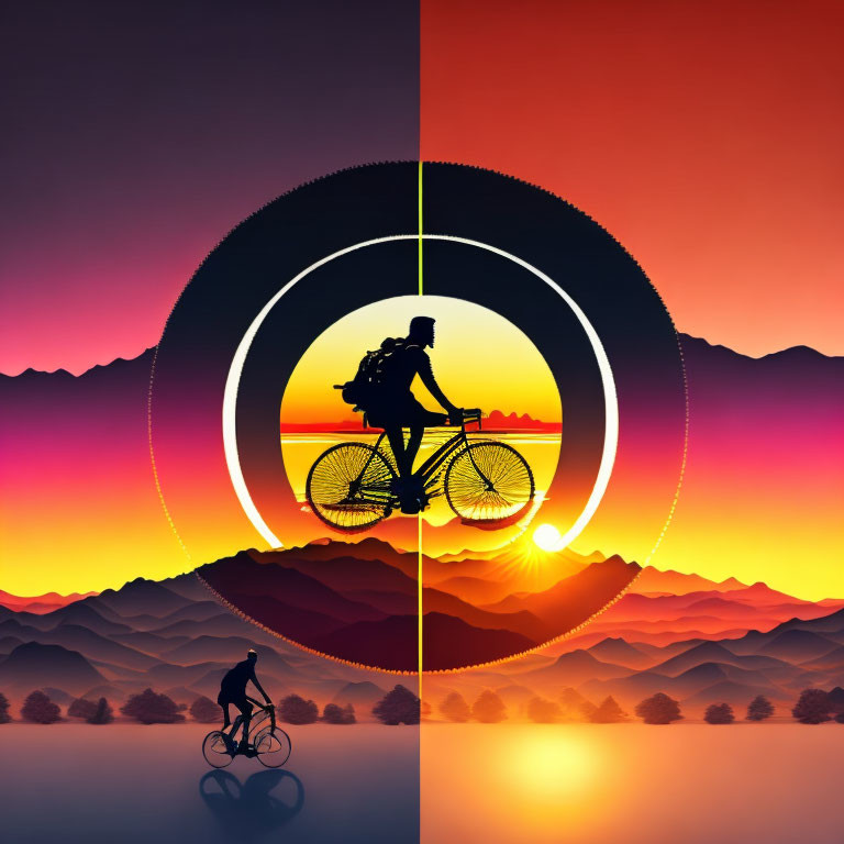 Cyclist silhouette against vibrant sunset with concentric circles