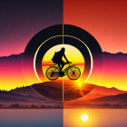 Cyclist silhouette against vibrant sunset with concentric circles