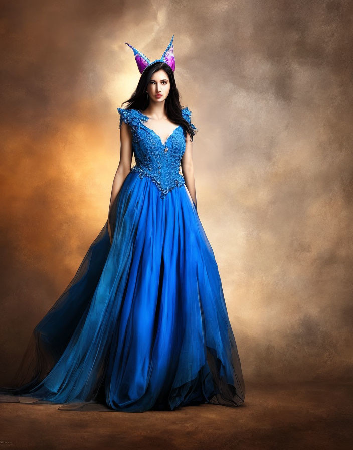 Woman in Blue Gown with Sparkling Embellishments and Horned Headpiece on Brown Textured