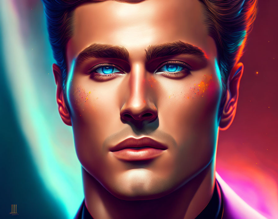 Vivid Digital Portrait of Man with Blue Eyes and Freckles