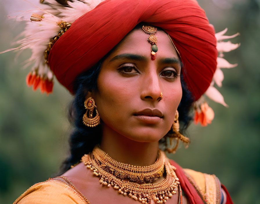 Traditional Indian Jewelry and Red Turban on Woman gazes into the distance