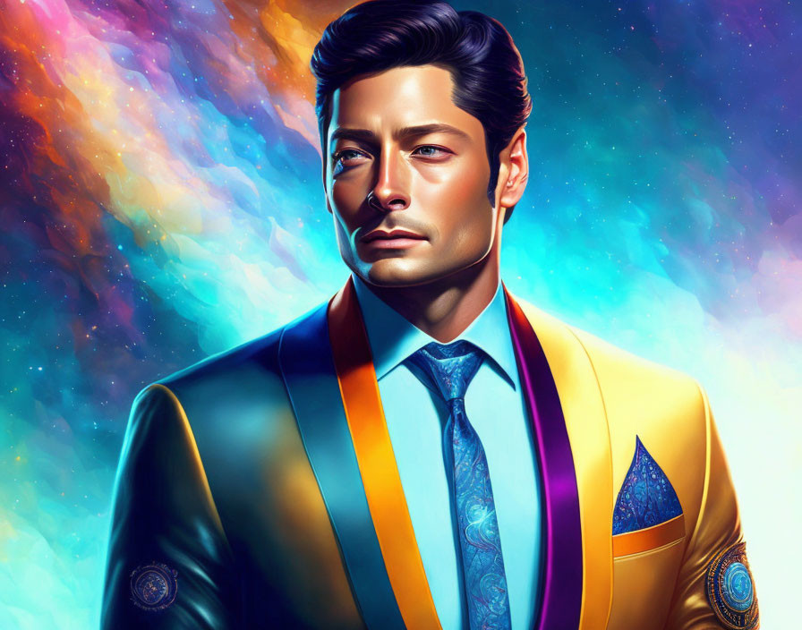 Colorful Cosmic Suit Portrait Against Nebula Backdrop