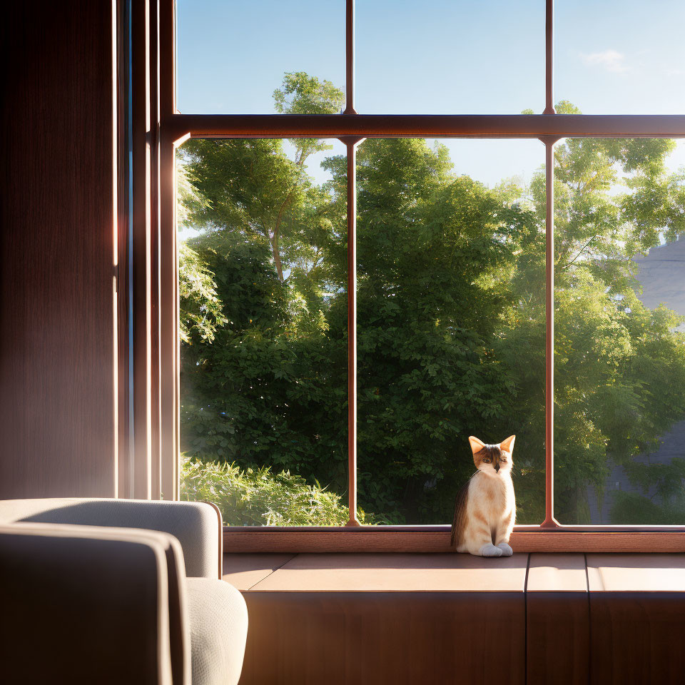 Cat sitting on wooden windowsill gazing at lush green trees